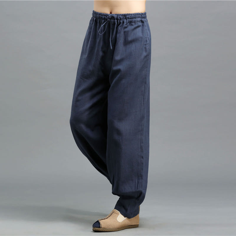 Pantalon décontracté en lin ramie avec cordon élastique de serrage de couleur unie Buddha Stones pour homme avec poches - image 8
