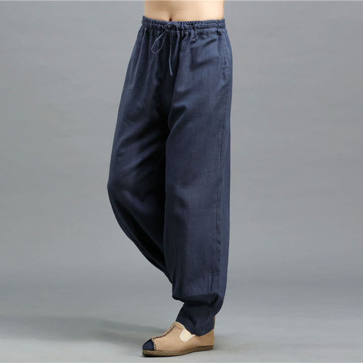 Pantalon décontracté en lin ramie avec cordon élastique de serrage de couleur unie Buddha Stones pour homme avec poches - image 8