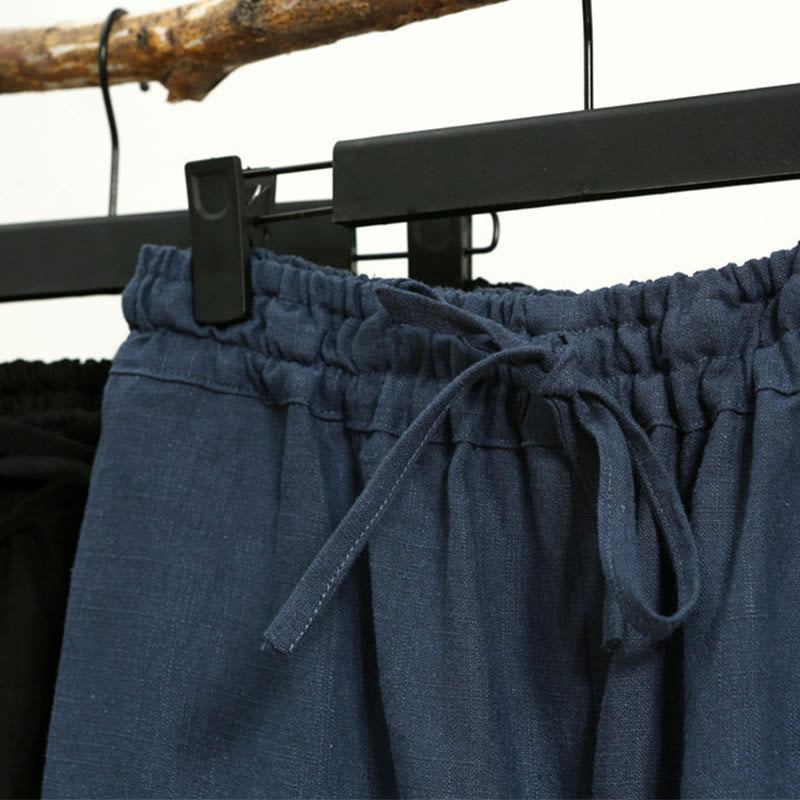 Pantalon décontracté en lin ramie avec cordon élastique de serrage de couleur unie Buddha Stones pour homme avec poches - image 22