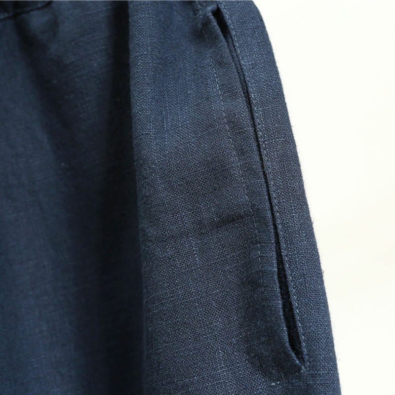 Pantalon décontracté en lin ramie avec cordon élastique de serrage de couleur unie Buddha Stones pour homme avec poches - image 25