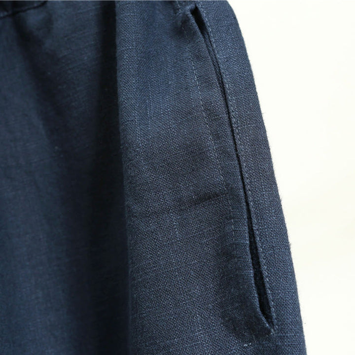 Pantalon décontracté en lin ramie avec cordon élastique de serrage de couleur unie Buddha Stones pour homme avec poches - image 25