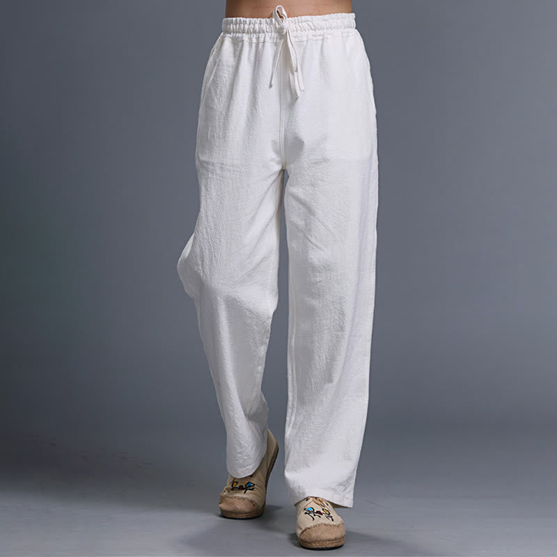Pantalon décontracté en lin uni avec cordon de serrage et poches pour homme Buddha Stones - image 1