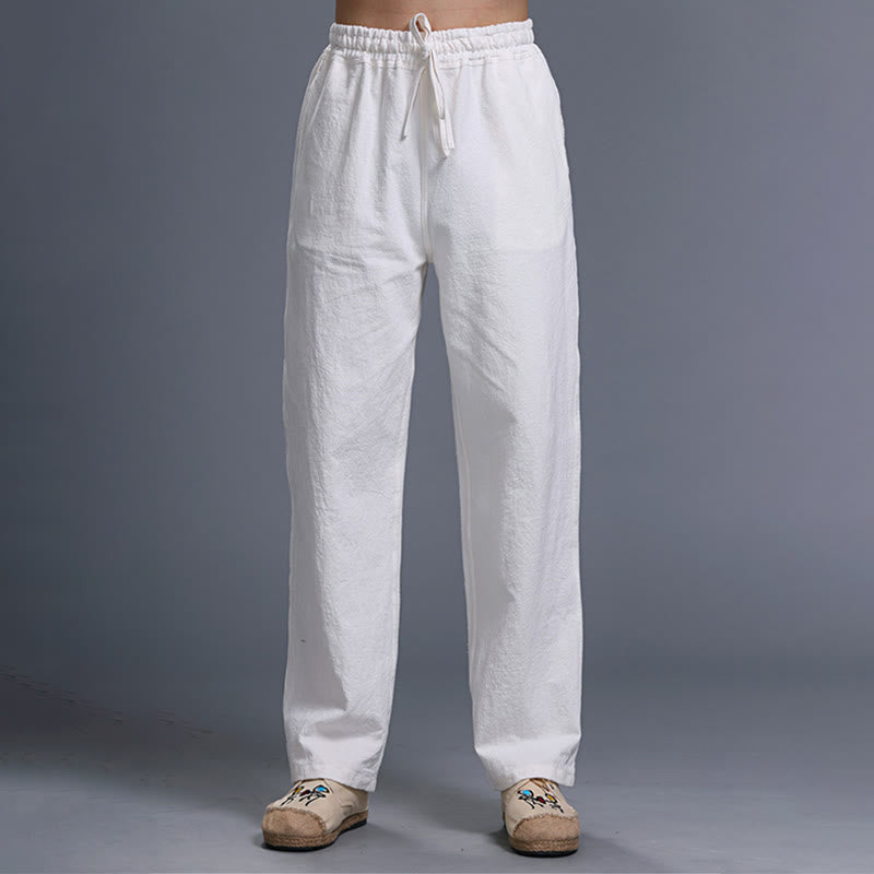 Pantalon décontracté en lin uni avec cordon de serrage et poches pour homme Buddha Stones - Blanc - US/UK/AU38， EU48 (XL) - image 0