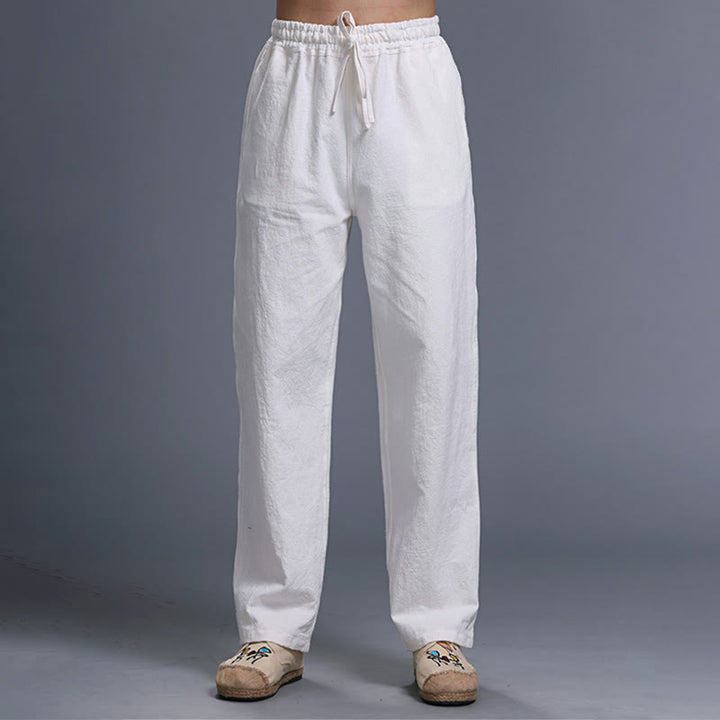Pantalon décontracté en lin uni avec cordon de serrage et poches pour homme Buddha Stones - Blanc - US/UK/AU38， EU48 (XL) - image 0