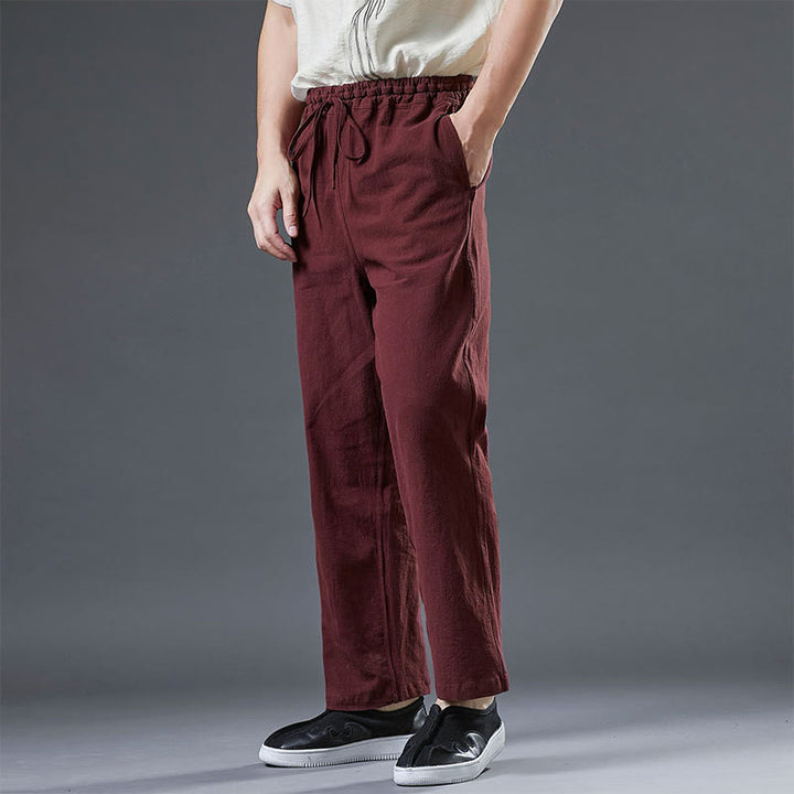 Pantalon décontracté en lin uni avec cordon de serrage et poches pour homme Buddha Stones - Bordeaux - US/UK/AU38， EU48 (XL) - image 14