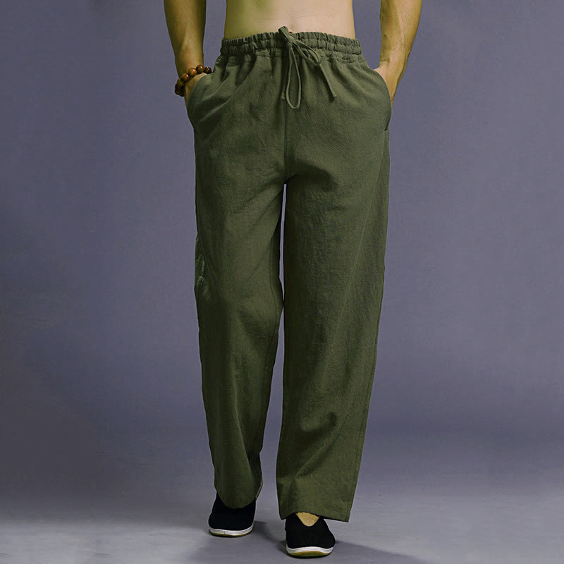 Pantalon décontracté en lin uni avec cordon de serrage et poches pour homme Buddha Stones - Vert forêt - US/UK/AU38， EU48 (XL) - image 39