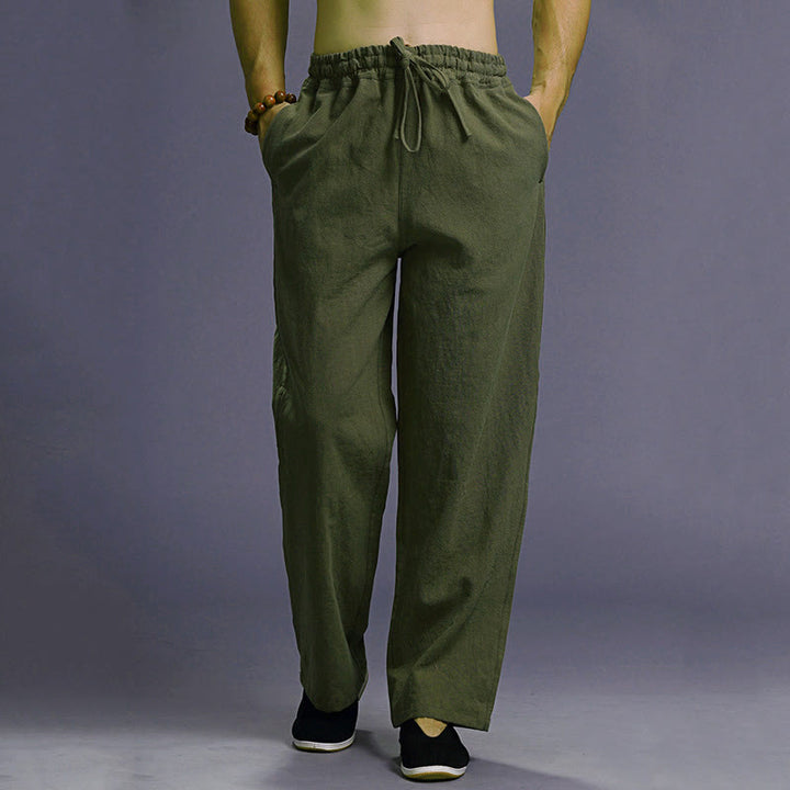 Pantalon décontracté en lin uni avec cordon de serrage et poches pour homme Buddha Stones - Vert forêt - US/UK/AU38， EU48 (XL) - image 39