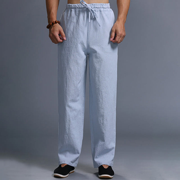 Pantalon décontracté en lin uni avec cordon de serrage et poches pour homme Buddha Stones - Bleu acier clair - US/UK/AU38， EU48 (XL) - image 31