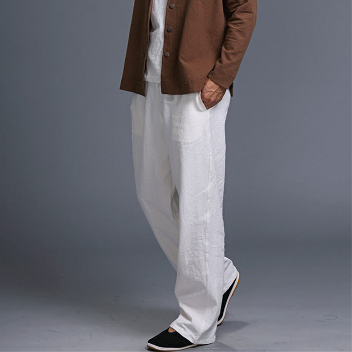 Pantalon décontracté en lin uni avec cordon de serrage et poches pour homme Buddha Stones - image 9