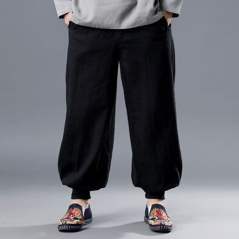 Pantalon pour homme en lin ramie avec fermeture éclair sur le devant et poches de couleur unie Buddha Stones
