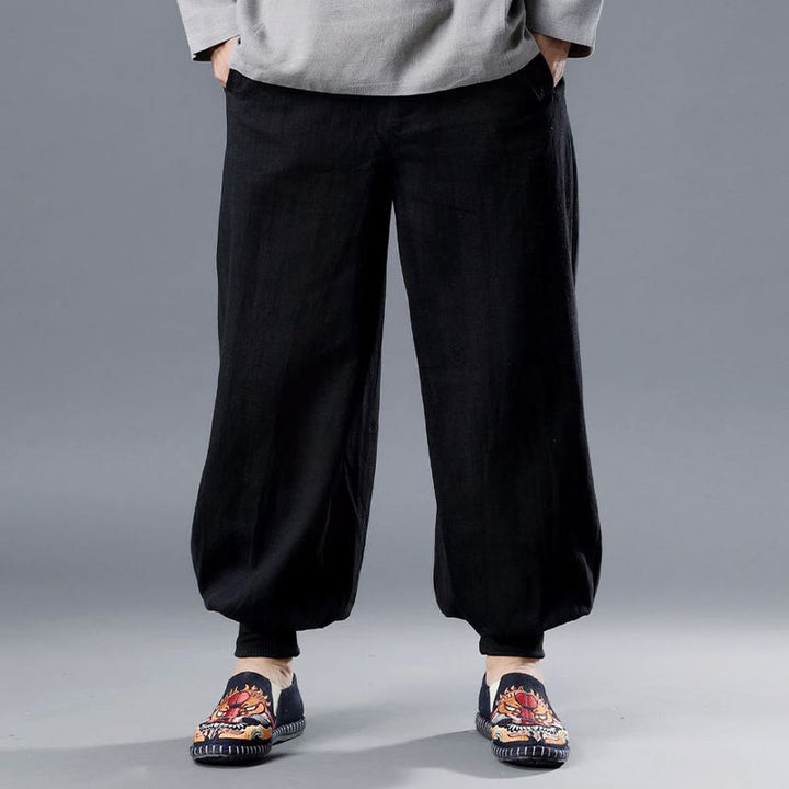 Pantalon pour homme en lin ramie avec fermeture éclair sur le devant et poches de couleur unie Buddha Stones