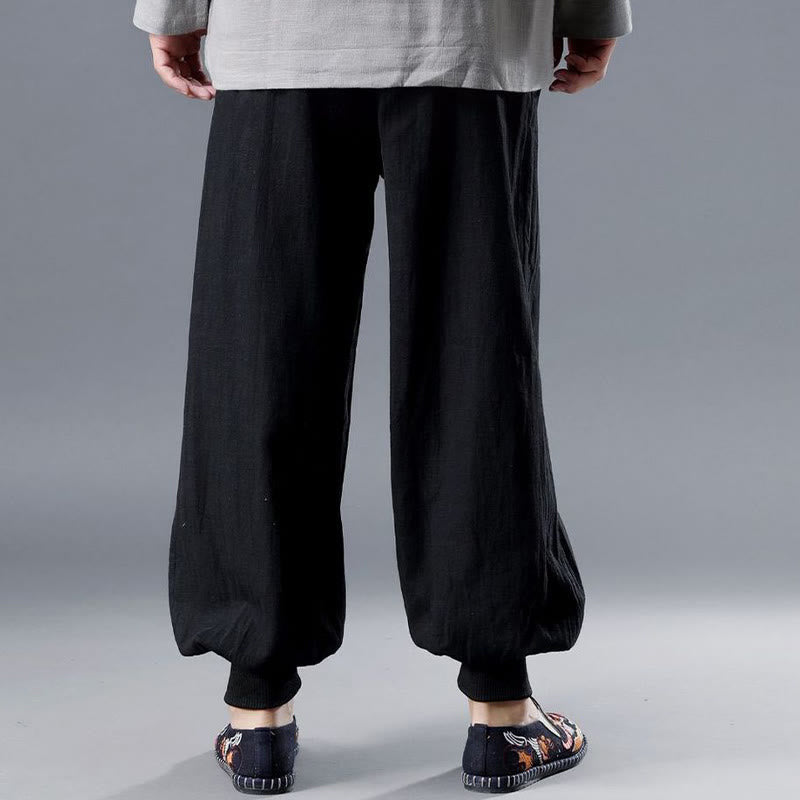 Pantalon pour homme en lin ramie avec fermeture éclair sur le devant et poches de couleur unie Buddha Stones
