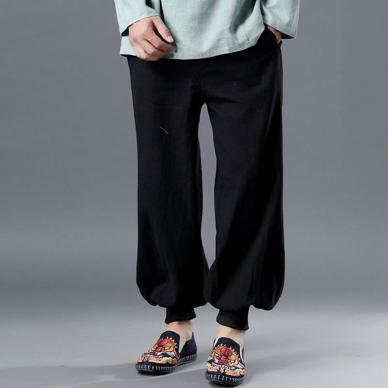 Pantalon pour homme en lin ramie avec fermeture éclair sur le devant et poches de couleur unie Buddha Stones