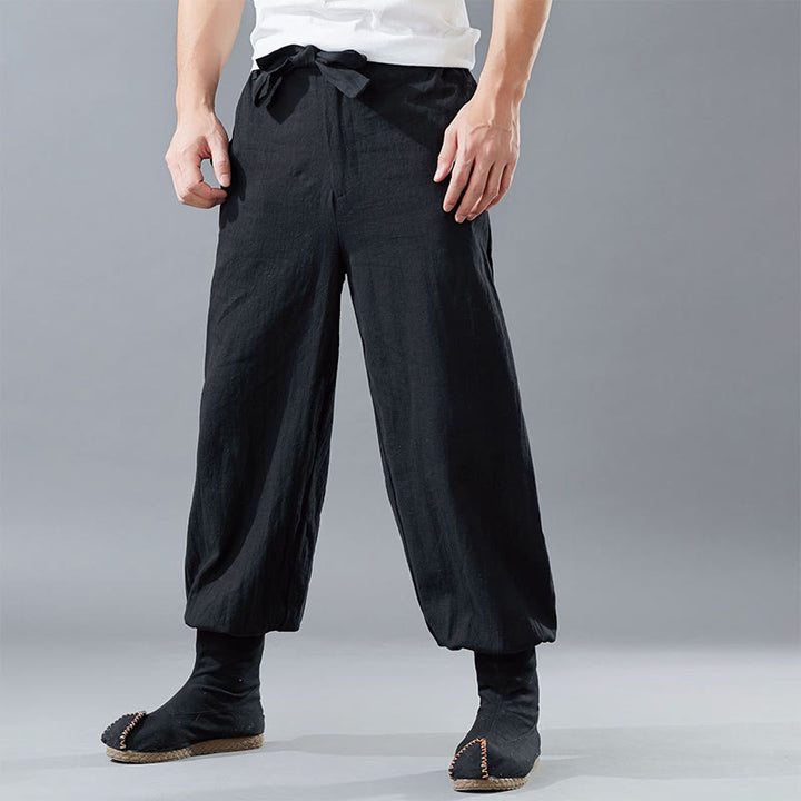 Pantalon pour homme en lin ramie avec fermeture éclair sur le devant et poches de couleur unie Buddha Stones