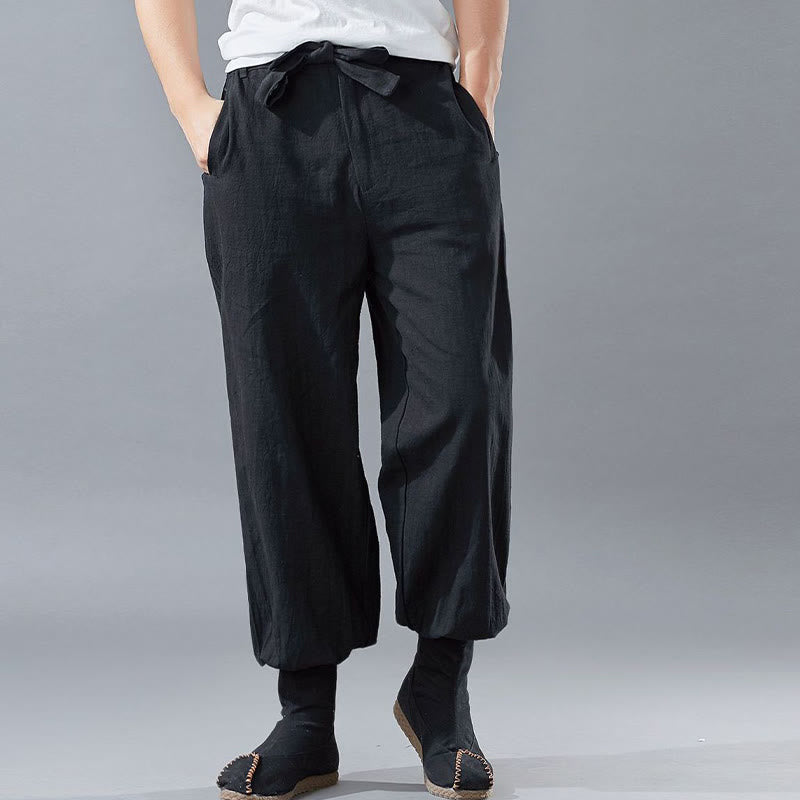 Pantalon pour homme en lin ramie avec fermeture éclair sur le devant et poches de couleur unie Buddha Stones
