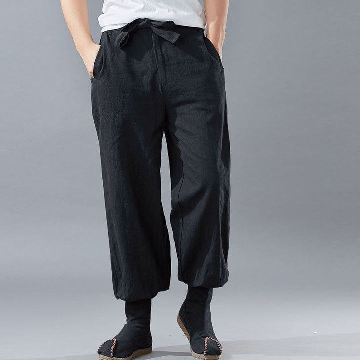 Pantalon pour homme en lin ramie avec fermeture éclair sur le devant et poches de couleur unie Buddha Stones