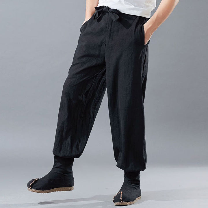Pantalon pour homme en lin ramie avec fermeture éclair sur le devant et poches de couleur unie Buddha Stones