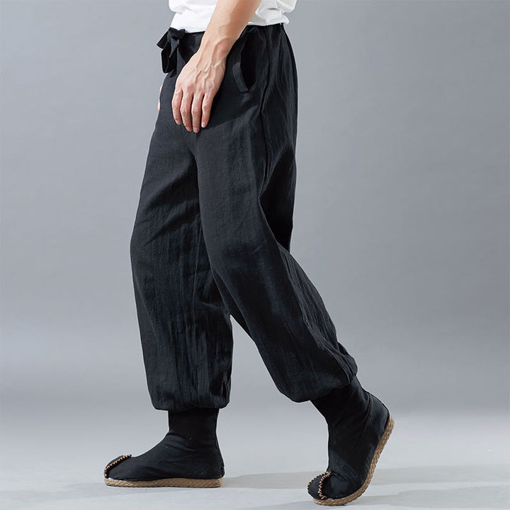 Pantalon pour homme en lin ramie avec fermeture éclair sur le devant et poches de couleur unie Buddha Stones