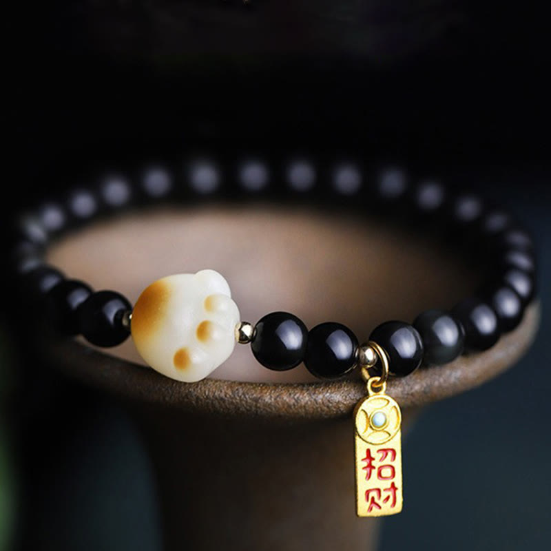 Bracelet de purification porte-bonheur en obsidienne Buddha Stones avec patte de chat et graine de Bodhi - Obsidienne noire 6 mm (circonférence du poignet : 14-16 cm) - image 1