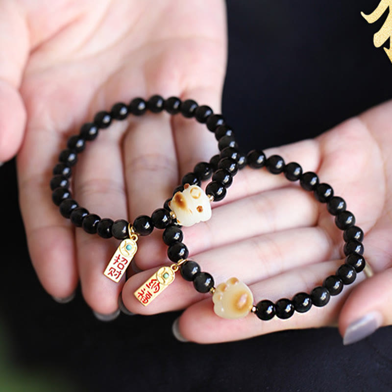 Bracelet de purification porte-bonheur en obsidienne Buddha Stones avec patte de chat et graine de Bodhi - image 10