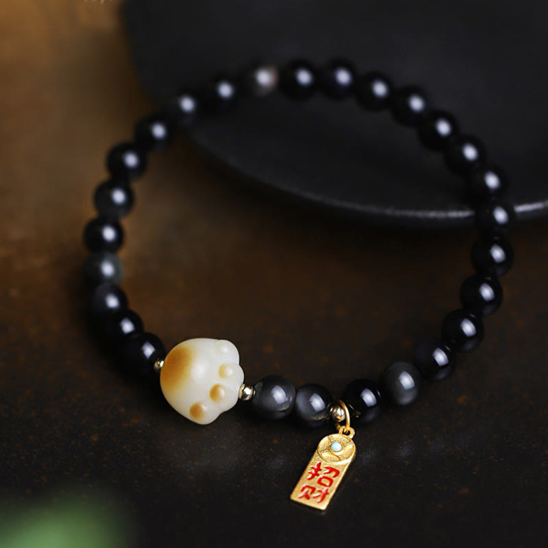 Bracelet de purification porte-bonheur en obsidienne Buddha Stones avec patte de chat et graine de Bodhi - image 3