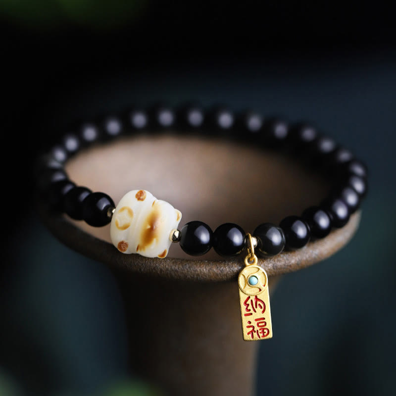 Bracelet de purification porte-bonheur en obsidienne Buddha Stones avec patte de chat et graine de Bodhi - image 2