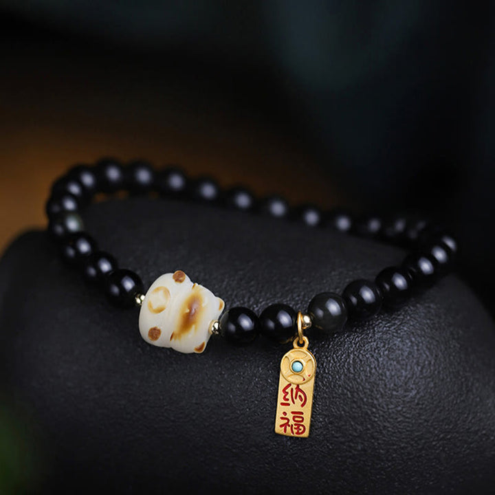 Bracelet de purification porte-bonheur en obsidienne Buddha Stones avec patte de chat et graine de Bodhi - image 8