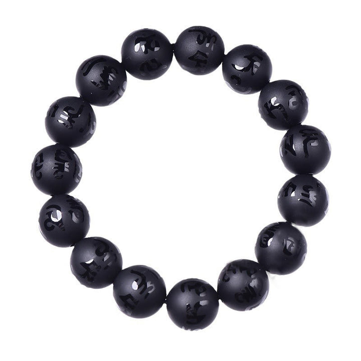 Bracelet de protection sculpté en onyx noir naturel Buddha Stones Om Mani Padme Hum