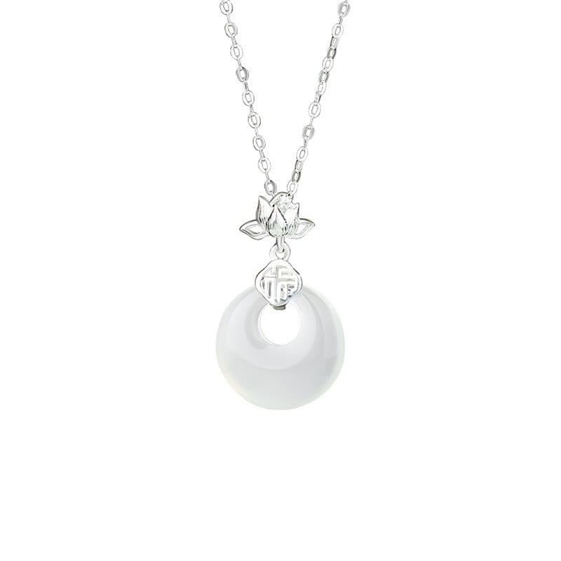 Collier avec pendentif en argent sterling 925 et Buddha Stones en calcédoine, fleur de lotus, caractère Fu, boucle de paix, positif - image 1