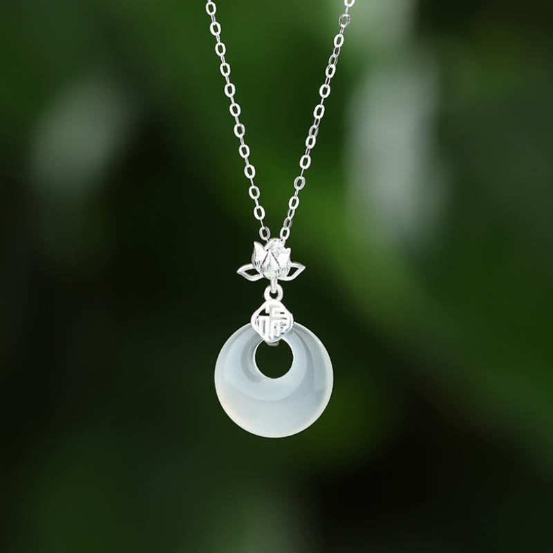 Collier avec pendentif en argent sterling 925 et Buddha Stones en calcédoine, fleur de lotus, caractère Fu, boucle de paix, positif - Blanc Argent - image 1