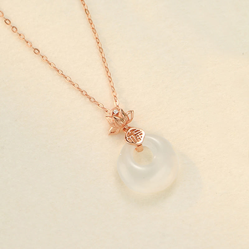 Collier avec pendentif en argent sterling 925 et Buddha Stones en calcédoine, fleur de lotus, caractère Fu, boucle de paix, positif - Or rose - image 9