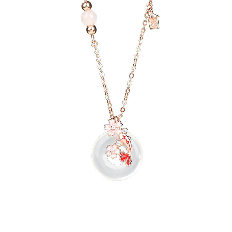 Collier pendentif positif en argent sterling 925 avec boucle de paix et poisson Koi et Buddha Stones en calcédoine et cristal rose