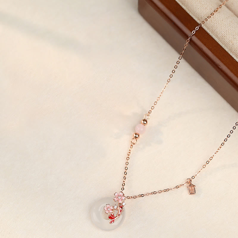 Collier pendentif positif en argent sterling 925 avec boucle de paix et poisson Koi et Buddha Stones en calcédoine et cristal rose