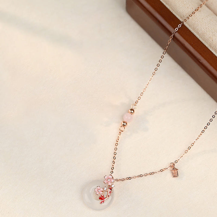 Collier pendentif positif en argent sterling 925 avec boucle de paix et poisson Koi et Buddha Stones en calcédoine et cristal rose