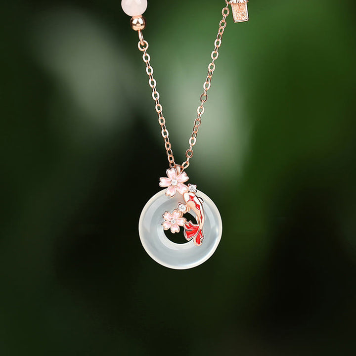 Collier pendentif positif en argent sterling 925 avec boucle de paix et poisson Koi et Buddha Stones en calcédoine et cristal rose - Calcédoine en argent sterling 925 - image 1