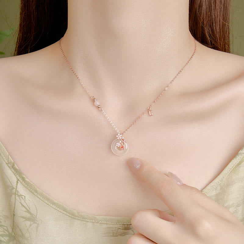 Collier pendentif positif en argent sterling 925 avec boucle de paix et poisson Koi et Buddha Stones en calcédoine et cristal rose