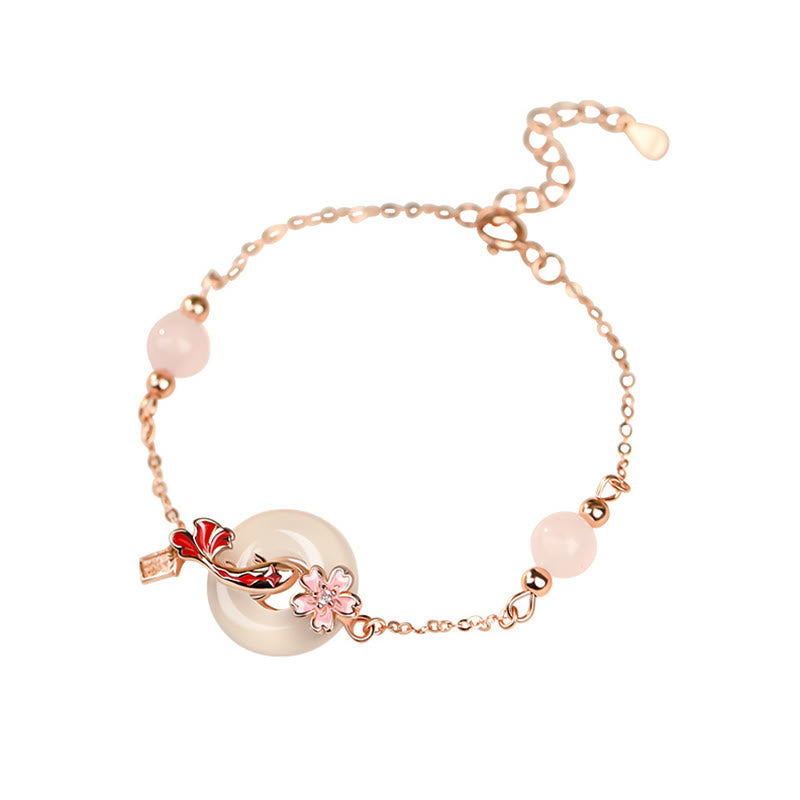 Bracelet en argent sterling 925 Buddha Stones, calcédoine, cristal rose, fleurs, poisson Koi, boucle de paix, positif