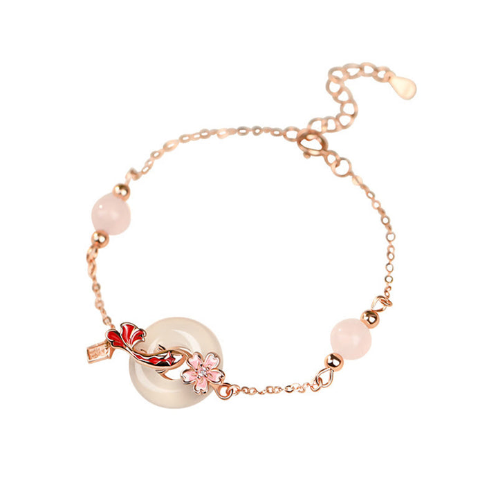Bracelet en argent sterling 925 Buddha Stones, calcédoine, cristal rose, fleurs, poisson Koi, boucle de paix, positif