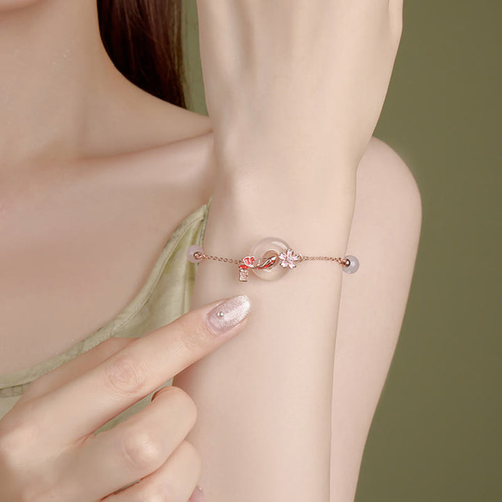 Bracelet en argent sterling 925 Buddha Stones, calcédoine, cristal rose, fleurs, poisson Koi, boucle de paix, positif
