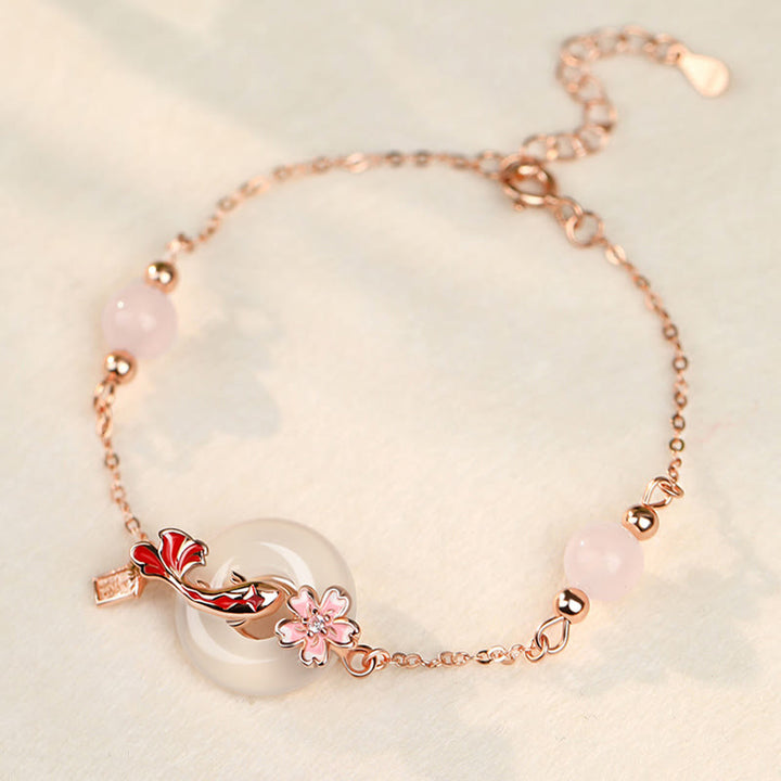 Bracelet en argent sterling 925 Buddha Stones, calcédoine, cristal rose, fleurs, poisson Koi, boucle de paix, positif