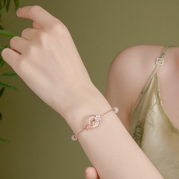 Bracelet en argent sterling 925 Buddha Stones, calcédoine, cristal rose, fleurs, poisson Koi, boucle de paix, positif