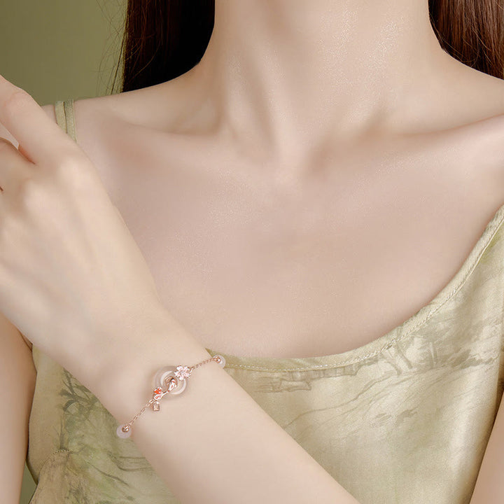 Bracelet en argent sterling 925 Buddha Stones, calcédoine, cristal rose, fleurs, poisson Koi, boucle de paix, positif