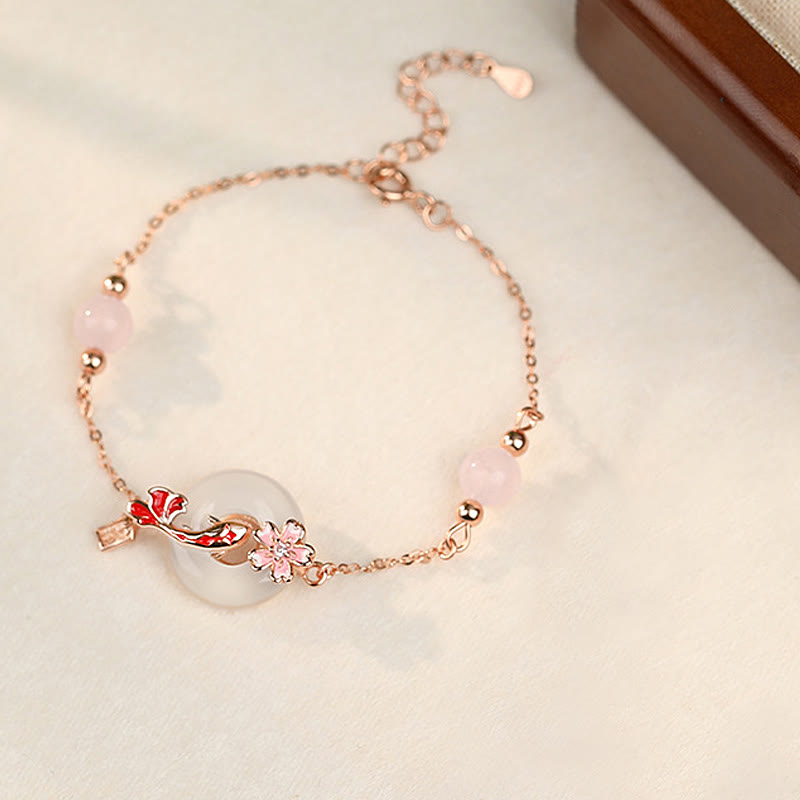 Bracelet en argent sterling 925 Buddha Stones, calcédoine, cristal rose, fleurs, poisson Koi, boucle de paix, positif