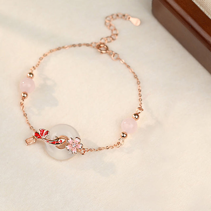 Bracelet en argent sterling 925 Buddha Stones, calcédoine, cristal rose, fleurs, poisson Koi, boucle de paix, positif
