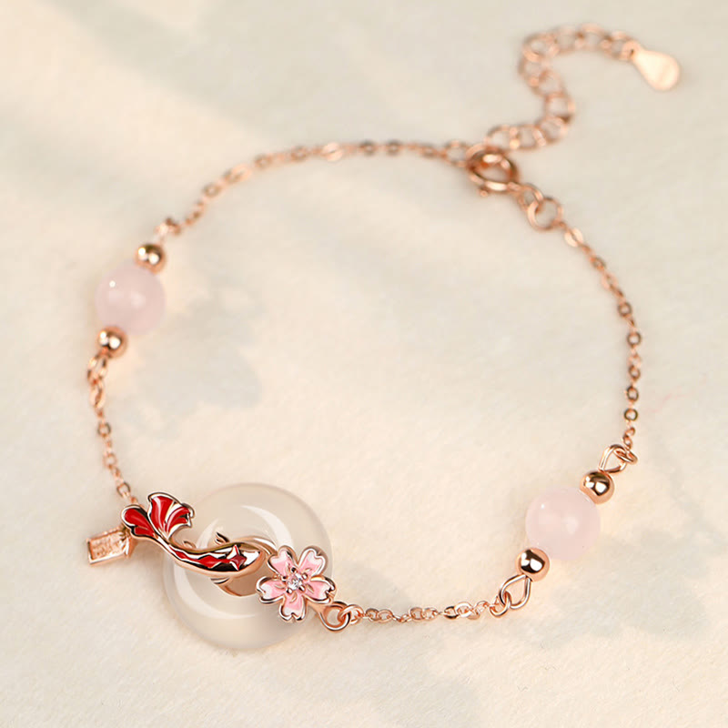 Bracelet en argent sterling 925 Buddha Stones, calcédoine, cristal rose, fleurs, poisson Koi, boucle de paix, positif - Calcédoine Argent Sterling 925 (Tour de poignet : 14-18 cm) - image 0