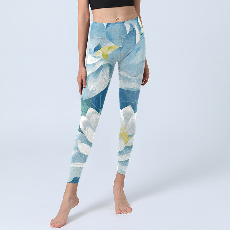 Pantalon de yoga pour femme avec legging de sport imprimé lotus bleu et blanc Buddha Stones - image 6