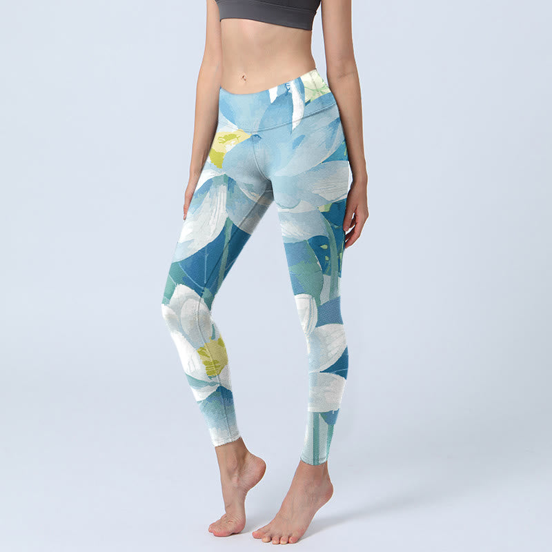 Pantalon de yoga pour femme avec legging de sport imprimé lotus bleu et blanc Buddha Stones - Bleu - US18，UK/AU22，EU50 (4XL) - image 1