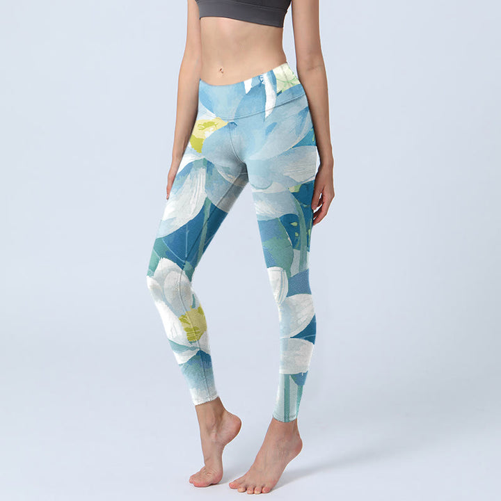 Pantalon de yoga pour femme avec legging de sport imprimé lotus bleu et blanc Buddha Stones - Bleu - US18，UK/AU22，EU50 (4XL) - image 1