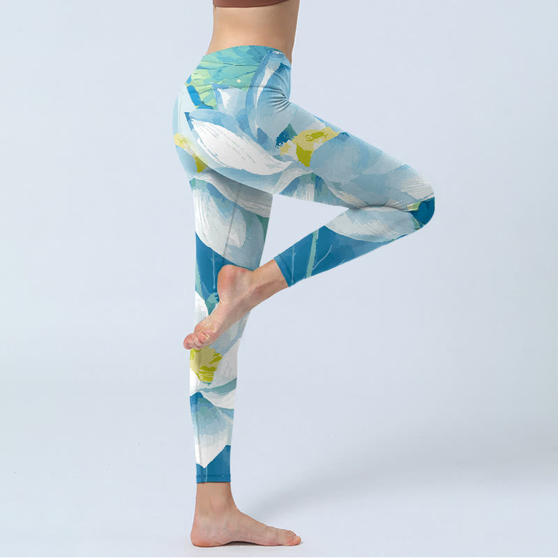 Pantalon de yoga pour femme avec legging de sport imprimé lotus bleu et blanc Buddha Stones - image 4