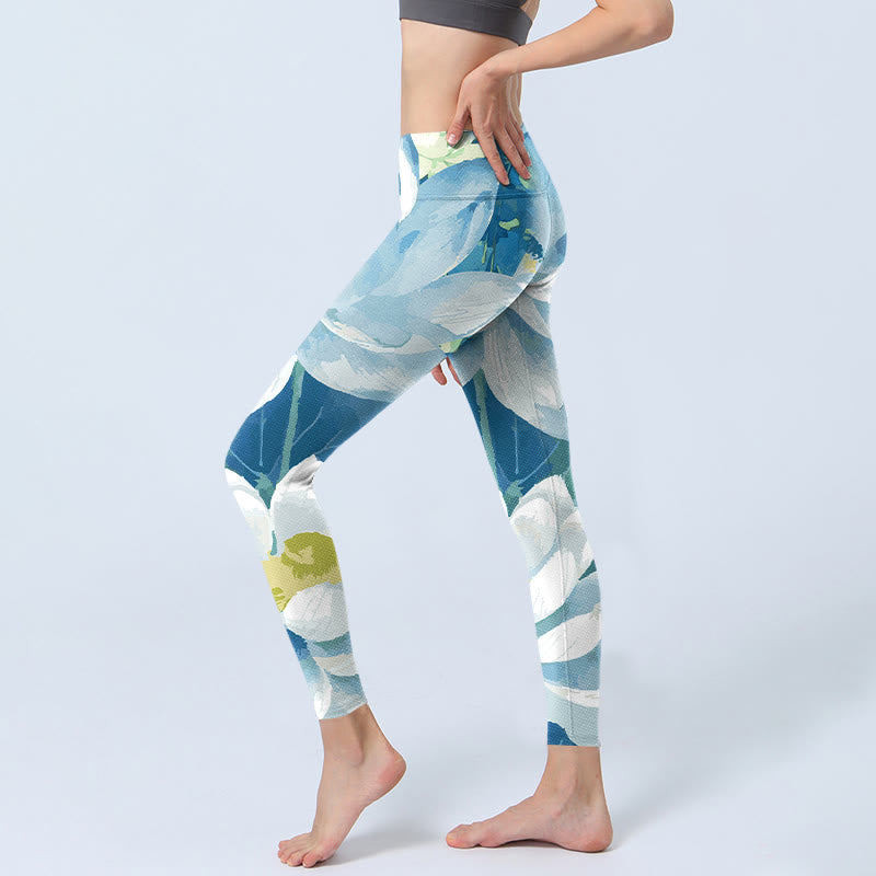 Pantalon de yoga pour femme avec legging de sport imprimé lotus bleu et blanc Buddha Stones - image 3